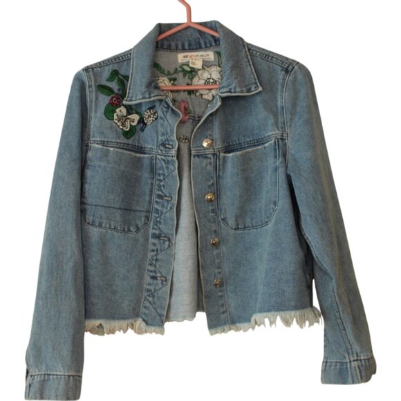 H&M x Coachella Embroidered Denim Jacket Size 10 Distressed Floral d225 - Picture 1 of 10